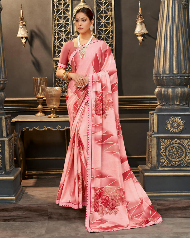 Vishal Prints Pastel Red Printed Crepe Saree With Border