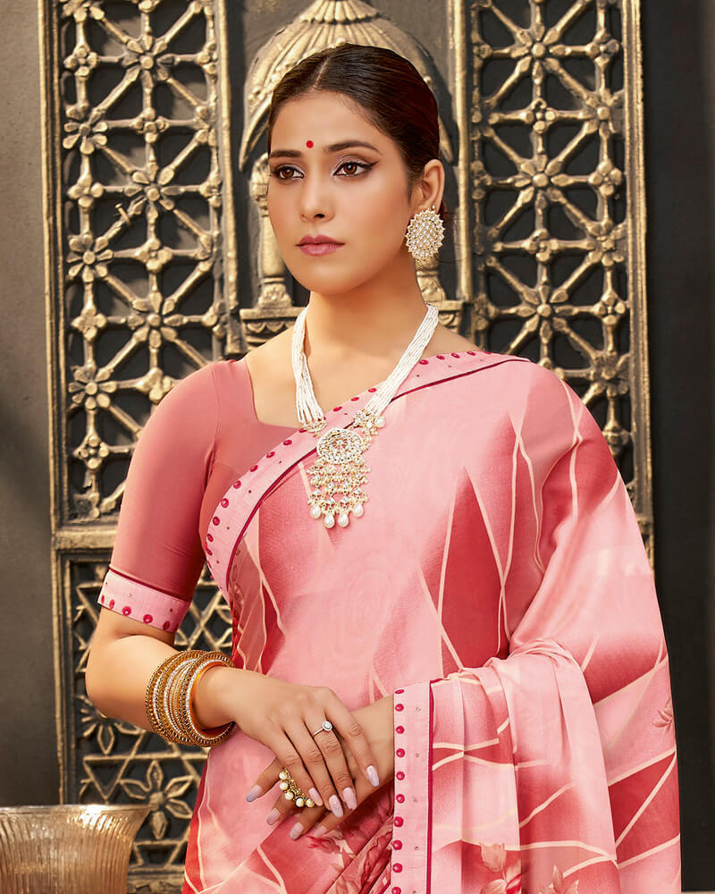 Vishal Prints Pastel Red Printed Crepe Saree With Border