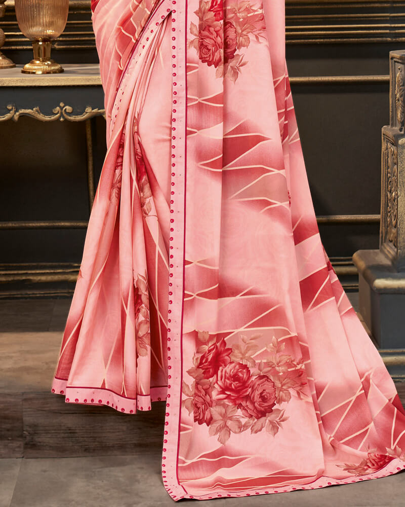 Vishal Prints Pastel Red Printed Crepe Saree With Border