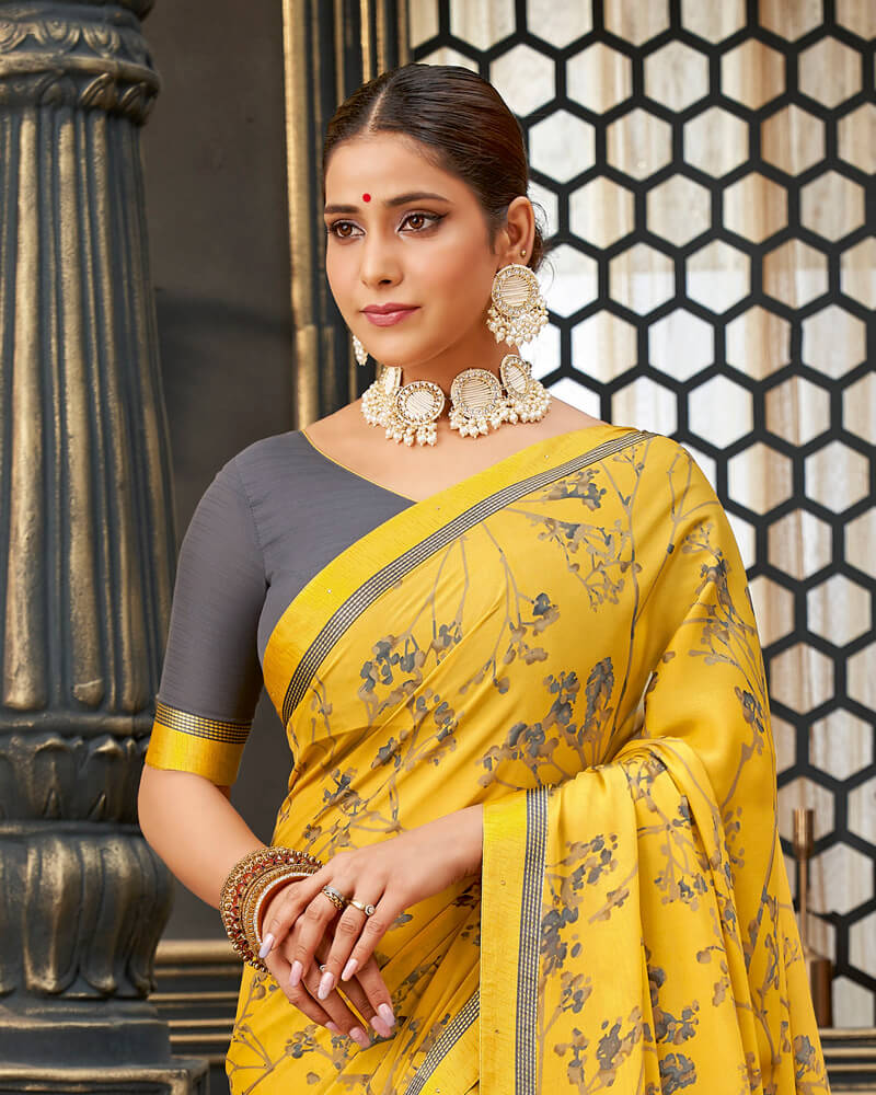 Vishal Prints Golden Yellow Printed Crepe Saree With Border