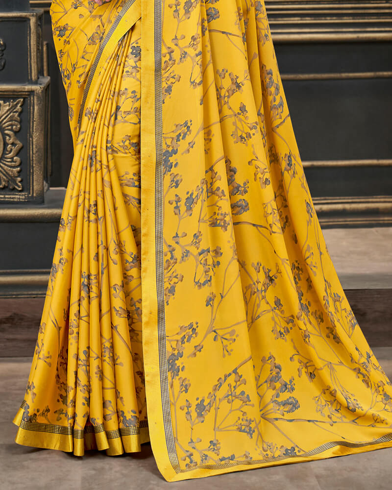 Vishal Prints Golden Yellow Printed Crepe Saree With Border