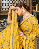 Vishal Prints Golden Yellow Printed Crepe Saree With Border