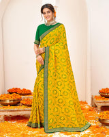 Vishal Prints Dark Yellow Crushed Brasso Saree With Foil Print And Zari Border