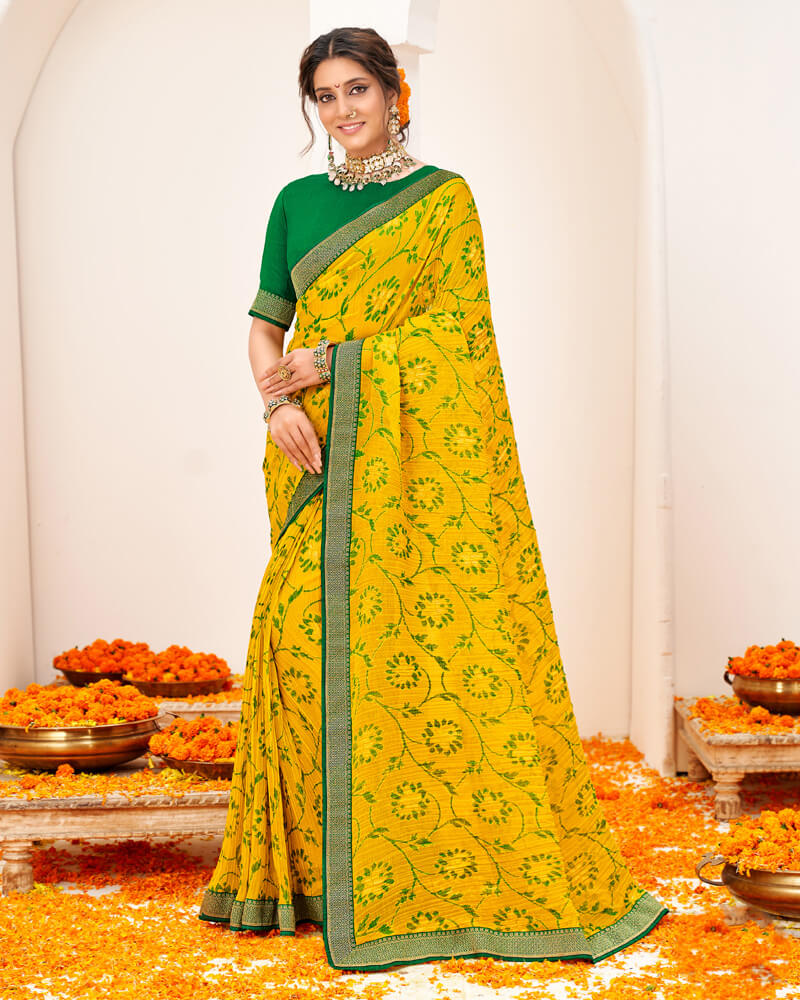 Vishal Prints Dark Yellow Crushed Brasso Saree With Foil Print And Zari Border