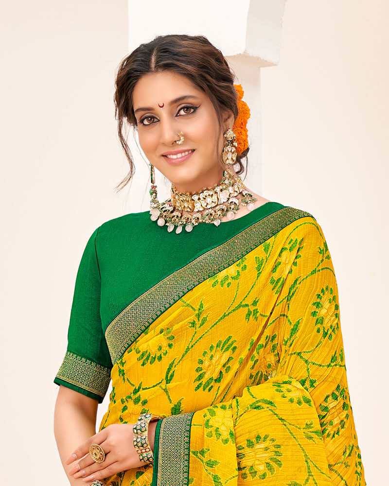 Vishal Prints Dark Yellow Crushed Brasso Saree With Foil Print And Zari Border