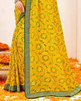 Vishal Prints Dark Yellow Crushed Brasso Saree With Foil Print And Zari Border