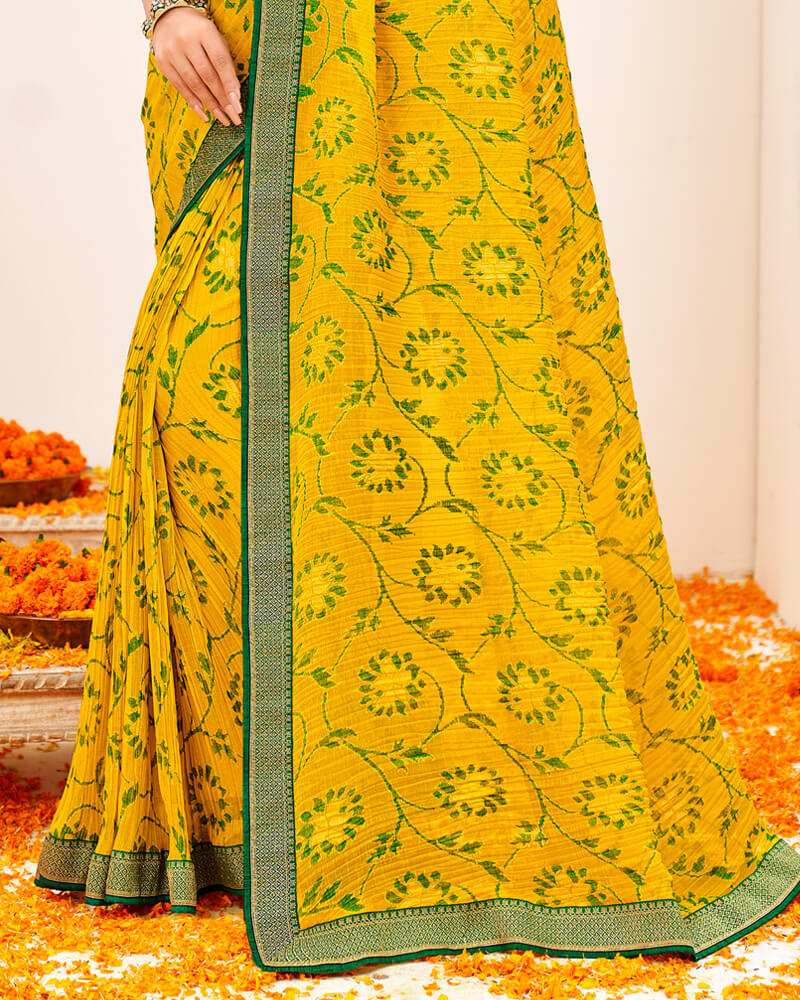 Vishal Prints Dark Yellow Crushed Brasso Saree With Foil Print And Zari Border
