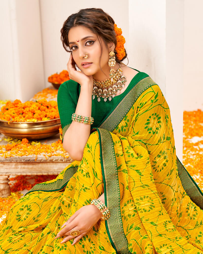 Vishal Prints Dark Yellow Crushed Brasso Saree With Foil Print And Zari Border