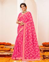 Vishal Prints Dark Pink Crushed Brasso Saree With Foil Print And Zari Border
