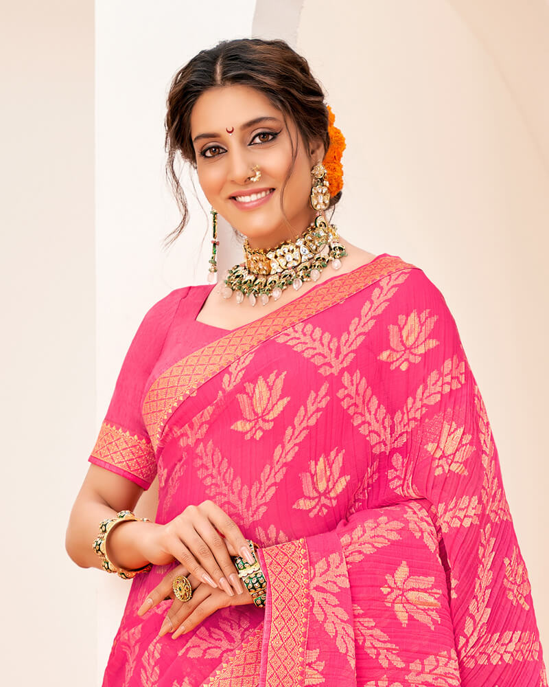 Vishal Prints Dark Pink Crushed Brasso Saree With Foil Print And Zari Border