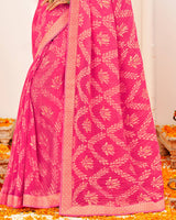 Vishal Prints Dark Pink Crushed Brasso Saree With Foil Print And Zari Border