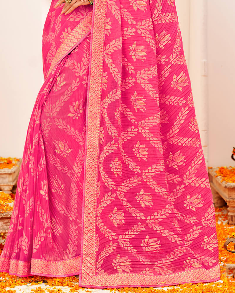 Vishal Prints Dark Pink Crushed Brasso Saree With Foil Print And Zari Border
