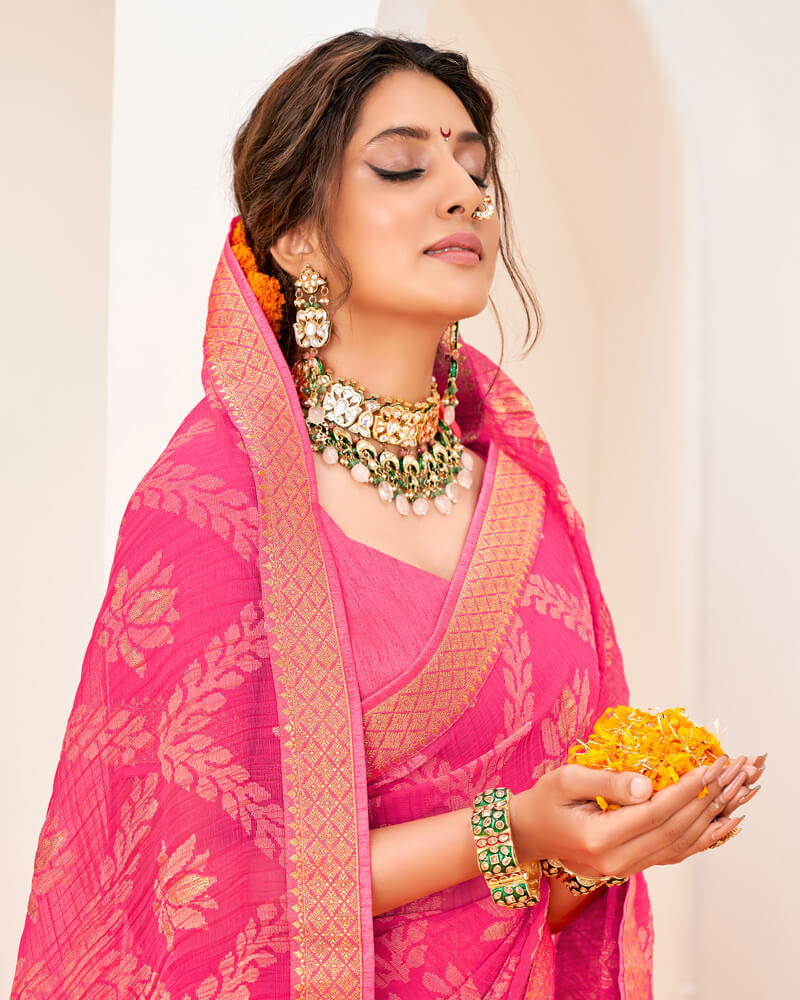 Vishal Prints Dark Pink Crushed Brasso Saree With Foil Print And Zari Border