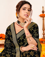 Vishal Prints Black Crushed Brasso Saree With Foil Print And Zari Border