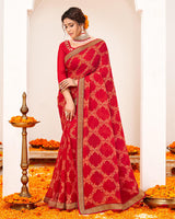 Vishal Prints Cherry Red Crushed Brasso Saree With Foil Print And Zari Border