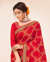 Vishal Prints Cherry Red Crushed Brasso Saree With Foil Print And Zari Border