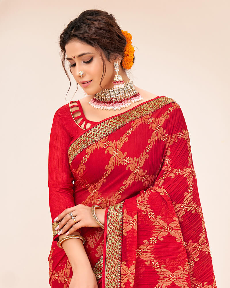 Vishal Prints Cherry Red Crushed Brasso Saree With Foil Print And Zari Border
