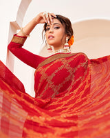 Vishal Prints Cherry Red Crushed Brasso Saree With Foil Print And Zari Border