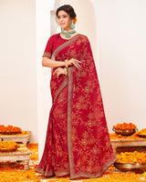 Vishal Prints Dark Red Crushed Brasso Saree With Foil Print And Zari Border