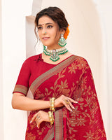 Vishal Prints Dark Red Crushed Brasso Saree With Foil Print And Zari Border