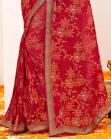 Vishal Prints Dark Red Crushed Brasso Saree With Foil Print And Zari Border