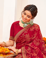 Vishal Prints Dark Red Crushed Brasso Saree With Foil Print And Zari Border