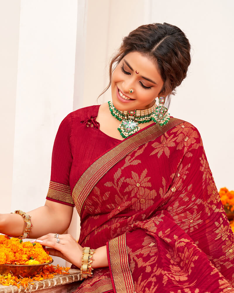 Vishal Prints Dark Red Crushed Brasso Saree With Foil Print And Zari Border