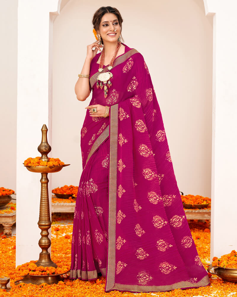 Vishal Prints Dark Fuchsia Crushed Brasso Saree With Foil Print And Zari Border