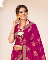 Vishal Prints Dark Fuchsia Crushed Brasso Saree With Foil Print And Zari Border