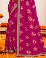 Vishal Prints Dark Fuchsia Crushed Brasso Saree With Foil Print And Zari Border