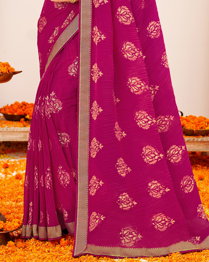 Vishal Prints Dark Fuchsia Crushed Brasso Saree With Foil Print And Zari Border