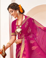 Vishal Prints Dark Fuchsia Crushed Brasso Saree With Foil Print And Zari Border
