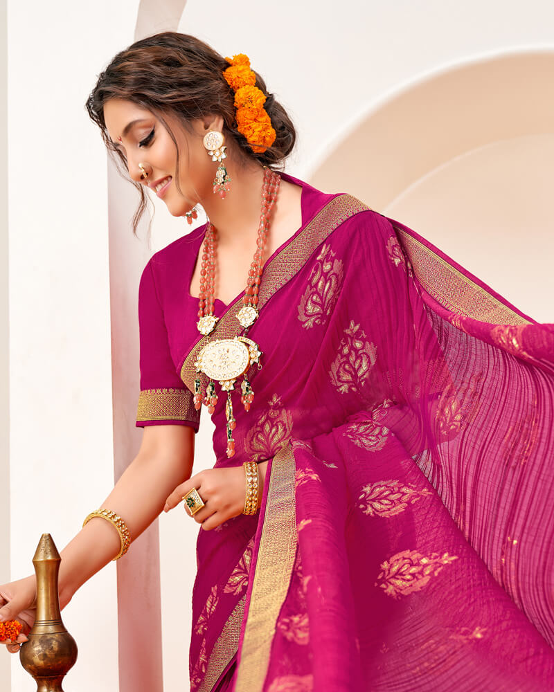 Vishal Prints Dark Fuchsia Crushed Brasso Saree With Foil Print And Zari Border