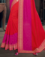 Vishal Prints Cherry Red And Rani Art Silk Embroidery And Stone Work Saree With Tassel