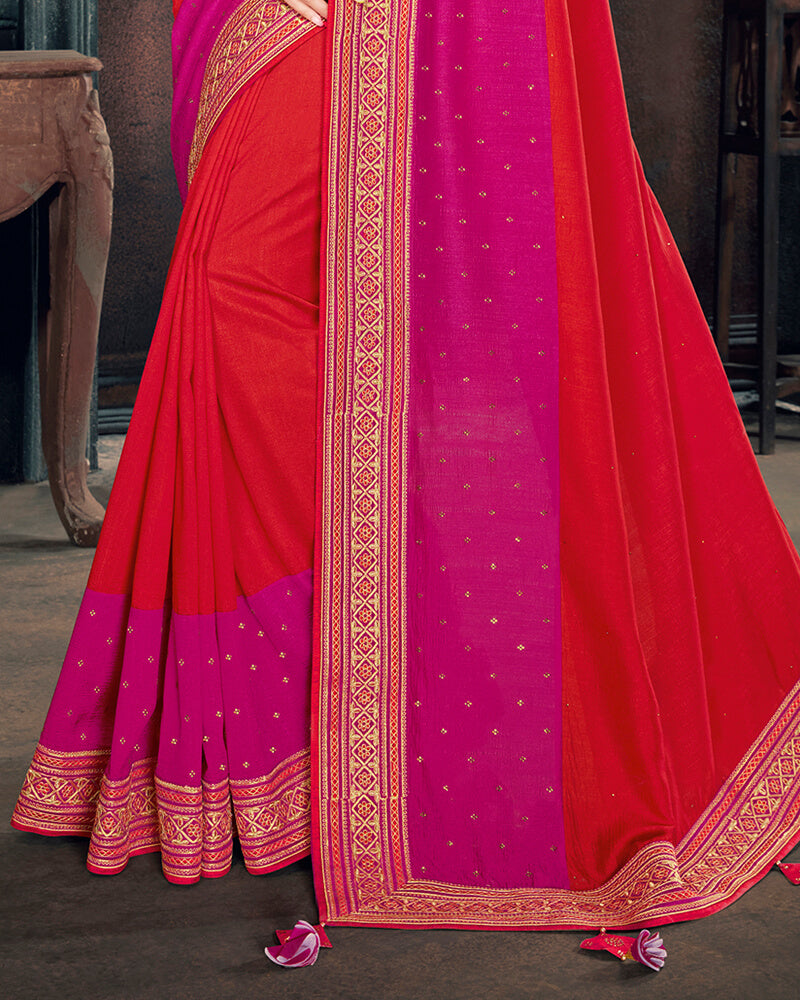 Vishal Prints Cherry Red And Rani Art Silk Embroidery And Stone Work Saree With Tassel