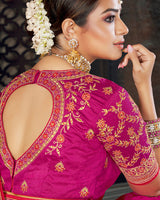 Vishal Prints Cherry Red And Rani Art Silk Embroidery And Stone Work Saree With Tassel