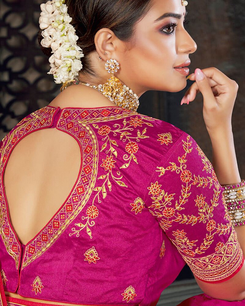 Vishal Prints Cherry Red And Rani Art Silk Embroidery And Stone Work Saree With Tassel