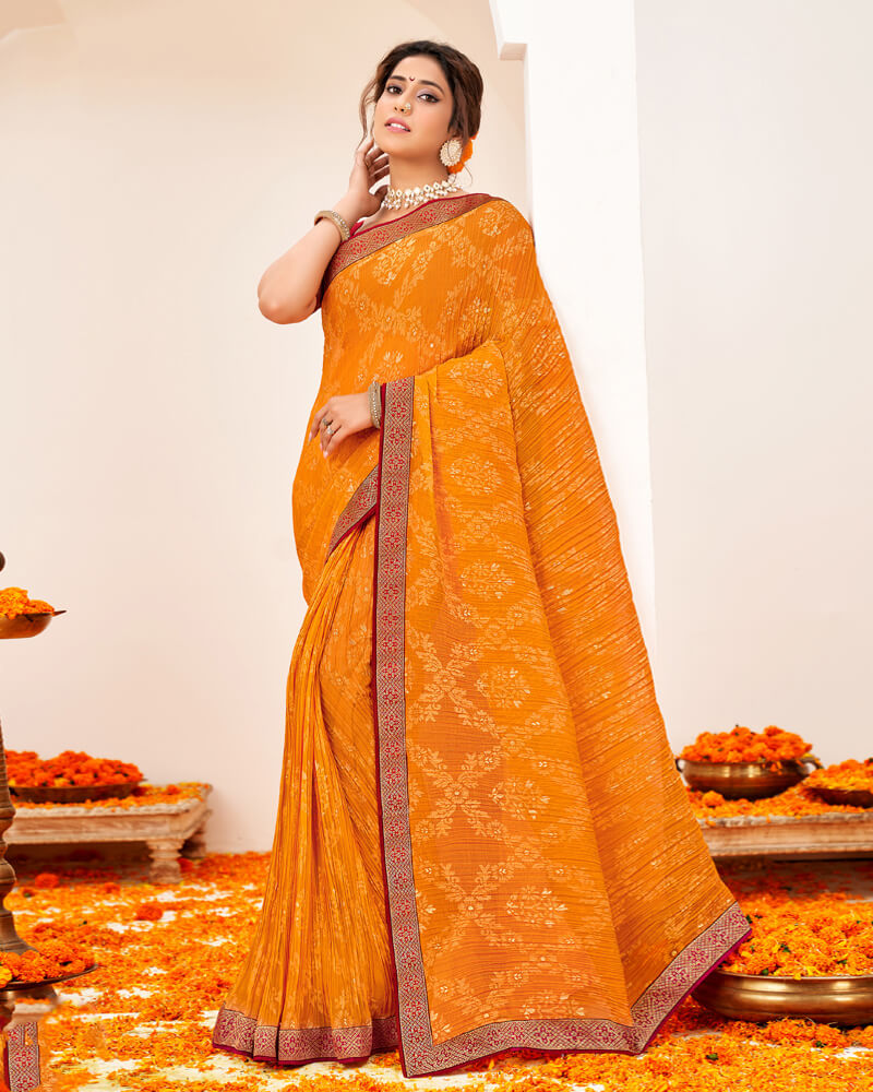 Vishal Prints Orche Crushed Brasso Saree With Foil Print And Zari Border
