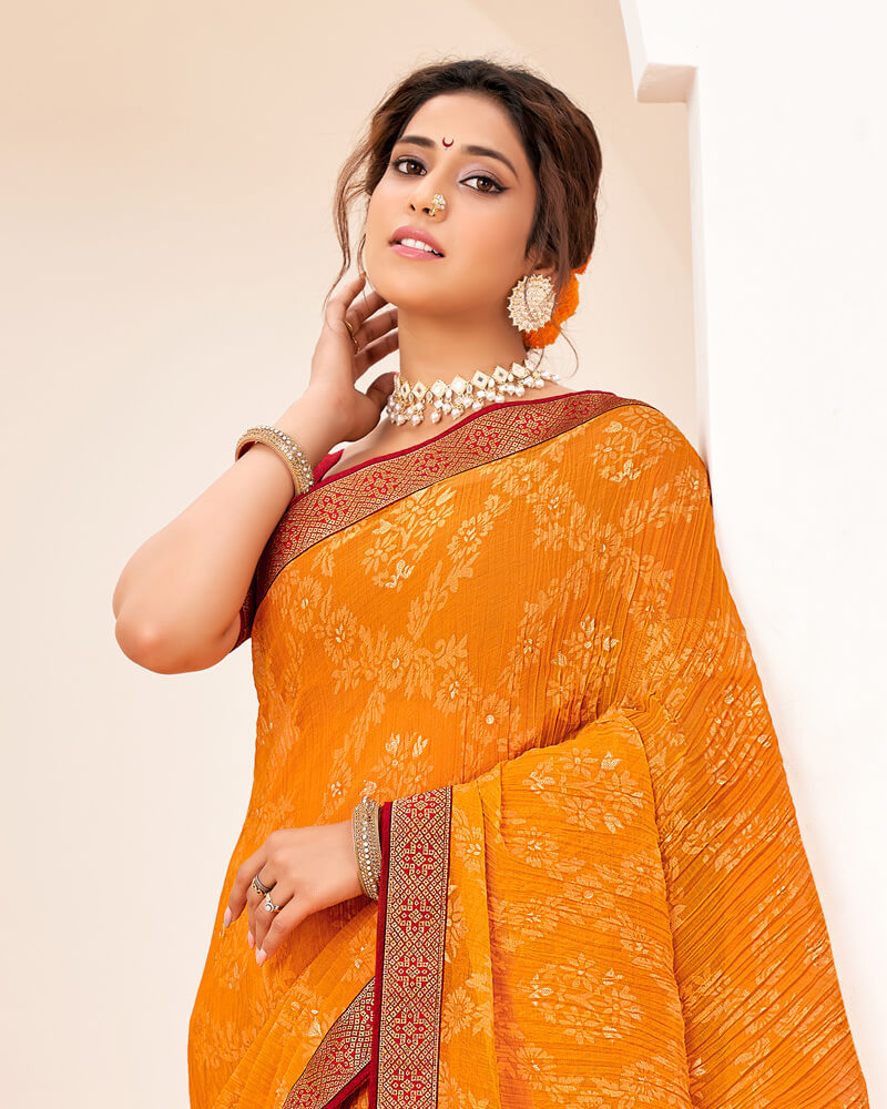 Vishal Prints Orche Crushed Brasso Saree With Foil Print And Zari Border