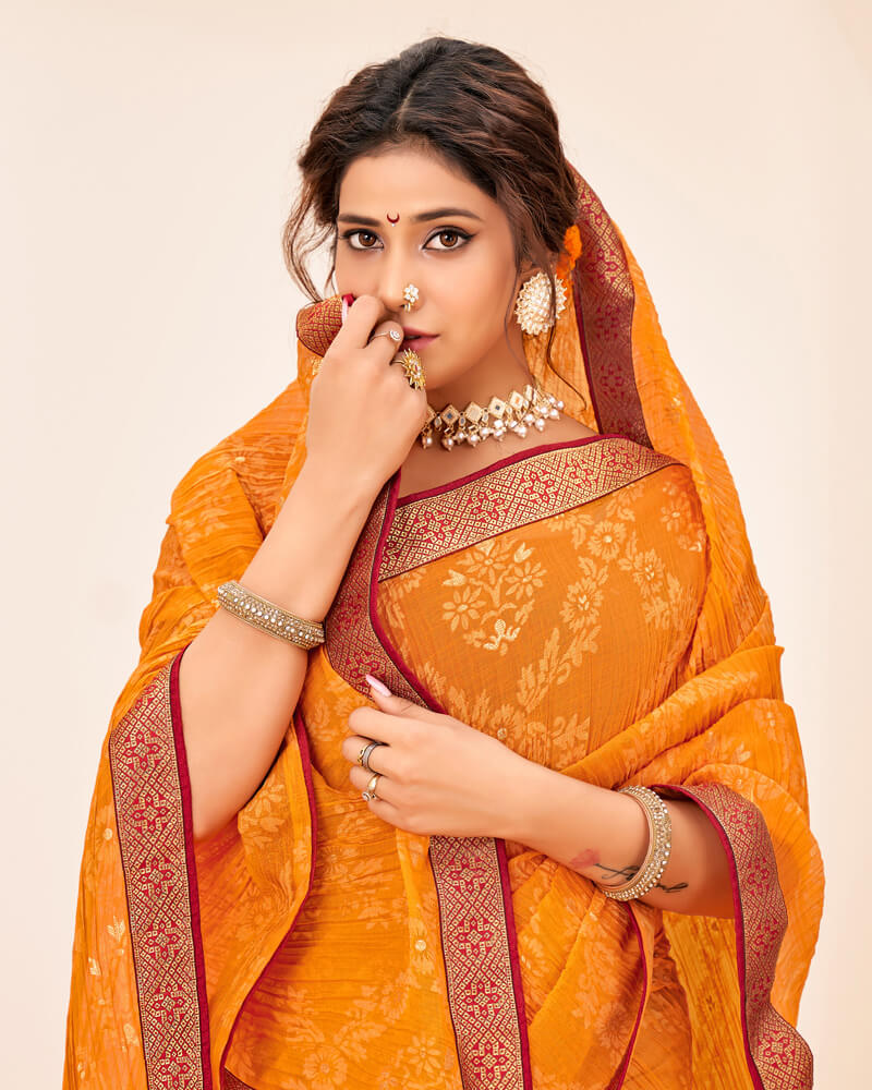Vishal Prints Orche Crushed Brasso Saree With Foil Print And Zari Border