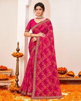 Vishal Prints Red Pink Crushed Brasso Saree With Foil Print And Zari Border