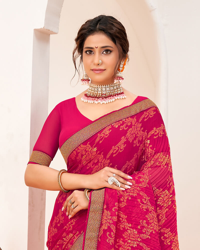 Vishal Prints Red Pink Crushed Brasso Saree With Foil Print And Zari Border
