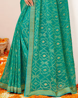 Vishal Prints Teal Green Crushed Brasso Saree With Foil Print And Zari Border