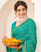 Vishal Prints Teal Green Crushed Brasso Saree With Foil Print And Zari Border