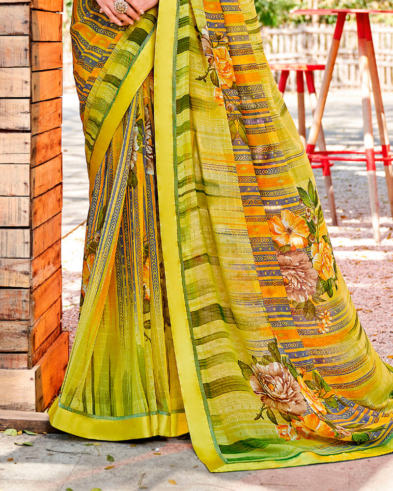 Vishal Prints Lime Yellow Printed Georgette Saree With Border