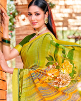 Vishal Prints Lime Yellow Printed Georgette Saree With Border