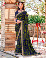 Vishal Prints Navy Blue Printed Georgette Saree With Border
