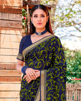 Vishal Prints Navy Blue Printed Georgette Saree With Border