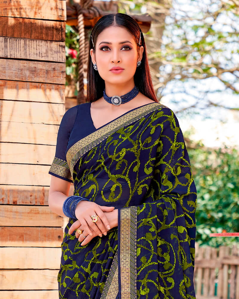 Vishal Prints Navy Blue Printed Georgette Saree With Border