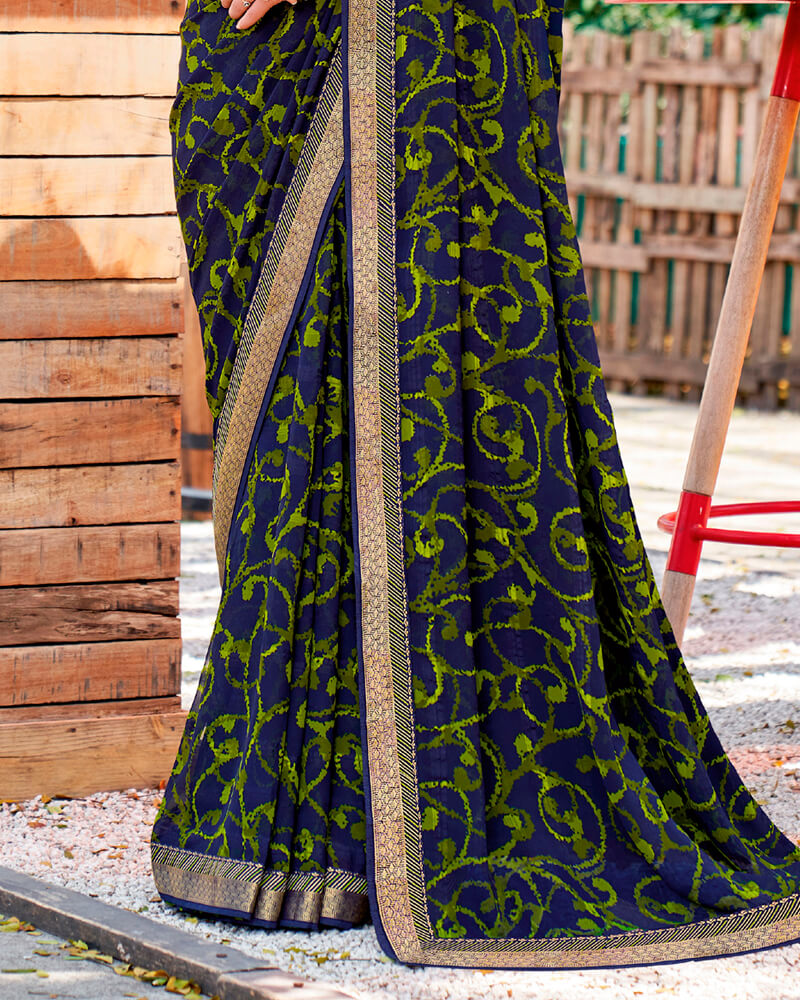 Vishal Prints Navy Blue Printed Georgette Saree With Border